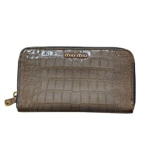 Miu Miu Gray Croc Embossed Leather Zip‎ Wallet Gold Y2K Luxury